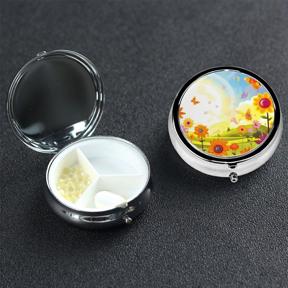 Sun Butterflies Flowers Pill Box 3 Compartment Round Metal Pill Case for Purse & Pocket, Portable Medicine Organizer Travel Pillbox Daily Pill Container Holder to Hold Vitamins, Fish Oil