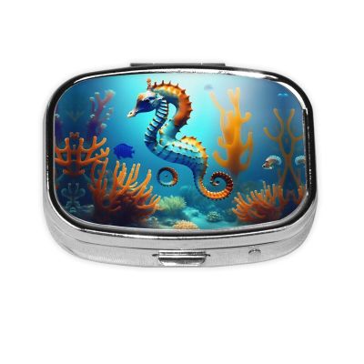 Seabed Coral Seahorse Square mini Pill Box, Travel Pill Box, can be Put into Wallet or Pocket to Store a Variety of Small Items