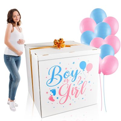 28 Inches Extra Large Gender Reveal Gift Box Kit with Oversized One Sided Printing Box Giant Pull Bows Balloon Ribbon for Gender Reveal Baby Shower Birthday Party Decor Supplies Not for Heavy-Duty