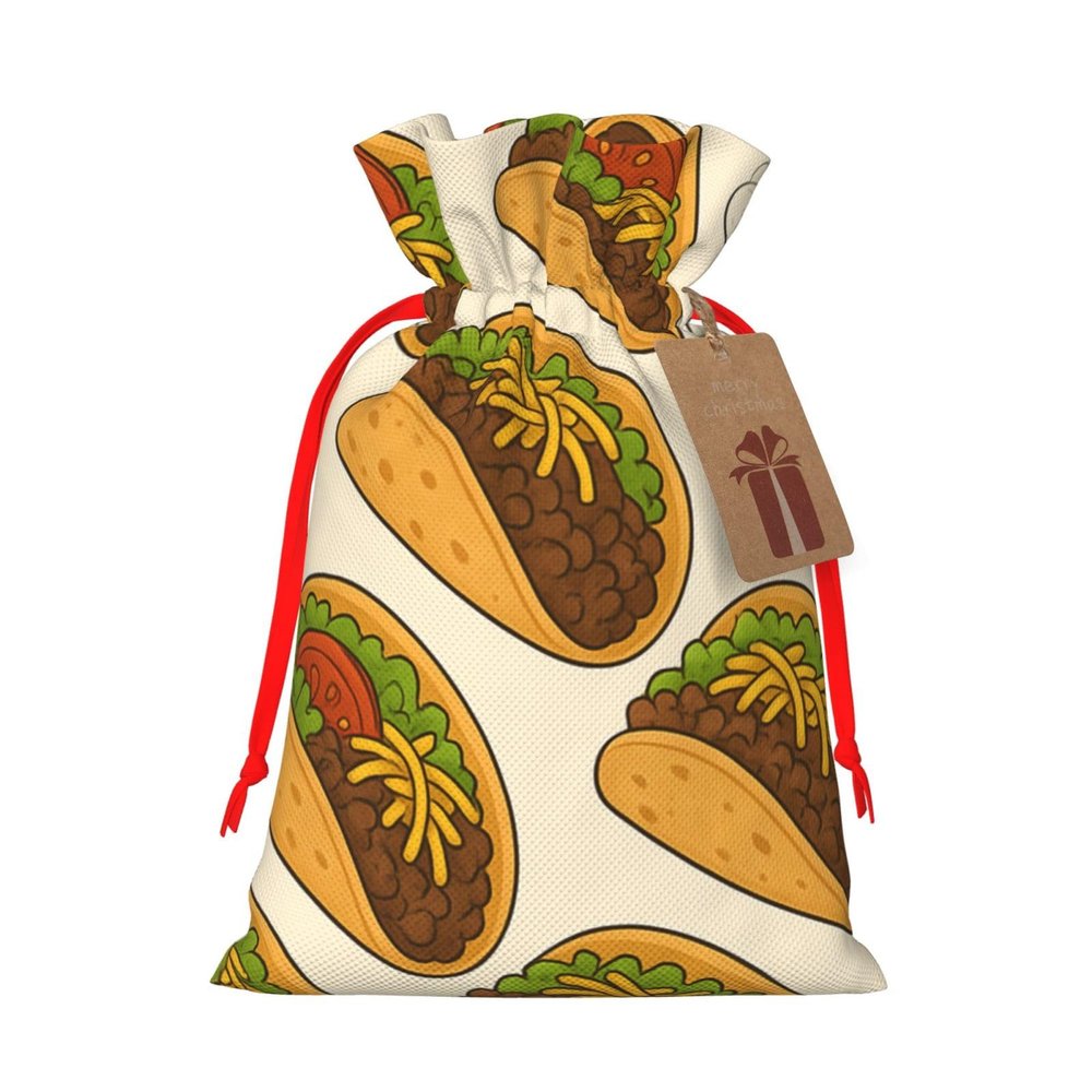 Burlap Drawstring Bag Mexican Taco Pattern Reusable Present Wrapping Sack Xmas Holiday Party Favor Bag Medium