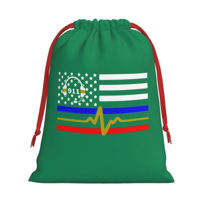 ByoBLu 911 Dispatcher Thin Blue Line Red Flag Christmas Gift Bags, Santa Wrapping Bags, Xmas Presents Bag With Drawstring, Holiday Party Favors Birthday & Christmas Gift (Large Medium Small)