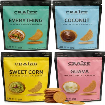Craize Classics Sampler | Sweet Corn, Coconut, Everything, Guava Crisps | Gluten Free, Vegan, Kosher, Toasted Corn Crackers | 4 pack, 4 oz each