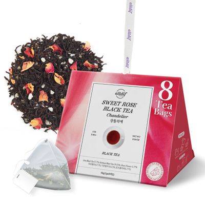 ALTDIF Sweet Rose Black Tea Chandelier Tea Bag Set Bright & Fragrant Black Tea with Muscat, Rose, and Citrus Notes Luxury Tea Set for Celebrations, Tea Aids, and Tea Cocktails - 8 Pyramid Teabags