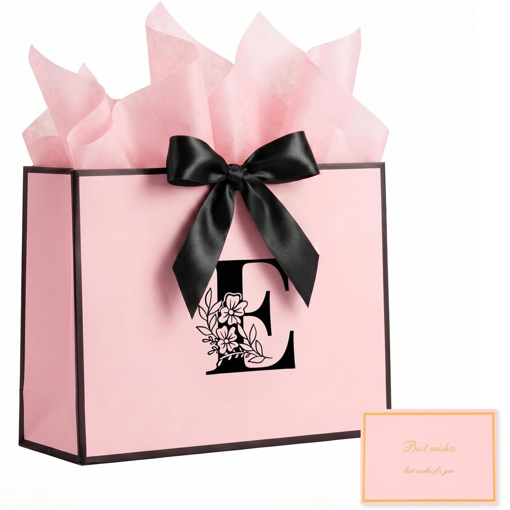 JEKUGOT Alphabet Birthday Gift Bag, Personalized Initial Large Gift Bags with Card and Tissue Paper, Pink Bow Gifts Bag for Birthday Party, Wedding, Graduation, (Letter E)