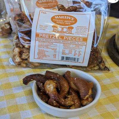 Handmade pretzels Hickory Smoked BBQ broken pieces flavored- made by Martin's 3 bags (7 oz each bag)