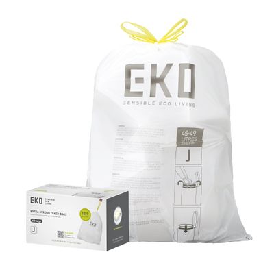EKO 12.9 Gallon / 45-49 Liter, 60 Count Drawstring Trash Bags, Extra-Strong Unscented Garbage Bags, Easy-Dispense Roll for Kitchen & Household Use, Resists Tears, Leaks and Punctures, Code J, White