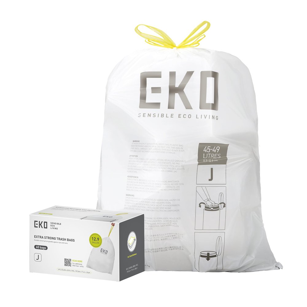 EKO 12.9 Gallon / 45-49 Liter, 60 Count Drawstring Trash Bags, Extra-Strong Unscented Garbage Bags, Easy-Dispense Roll for Kitchen & Household Use, Resists Tears, Leaks and Punctures, Code J, White