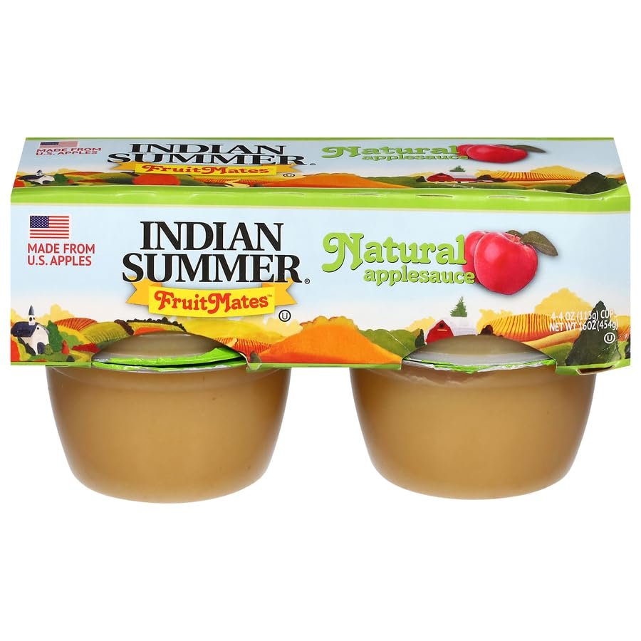 Indian Summer Single Serve Natural Apple Sauce, Individually Packed Applesauces, 4 Single Cups, 4 Ounces Each (Natural)