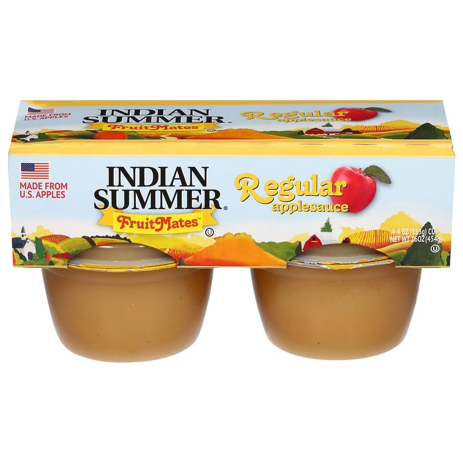 Indian Summer Single Serve Regular Apple Sauce, Individually Packed Applesauces, 4 Single Cups, 4 Ounces Each (Regular)