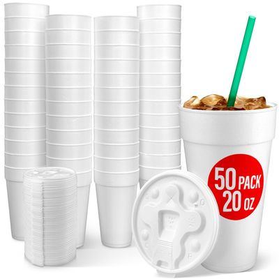 20 Oz Styrofoam Cups with Lids (50 Pack) Large Foam Cups for Hot and Cold Drinks, Insulated White Styrofoam Coffee Cups, Soda, Juice, Tea - Made in USA