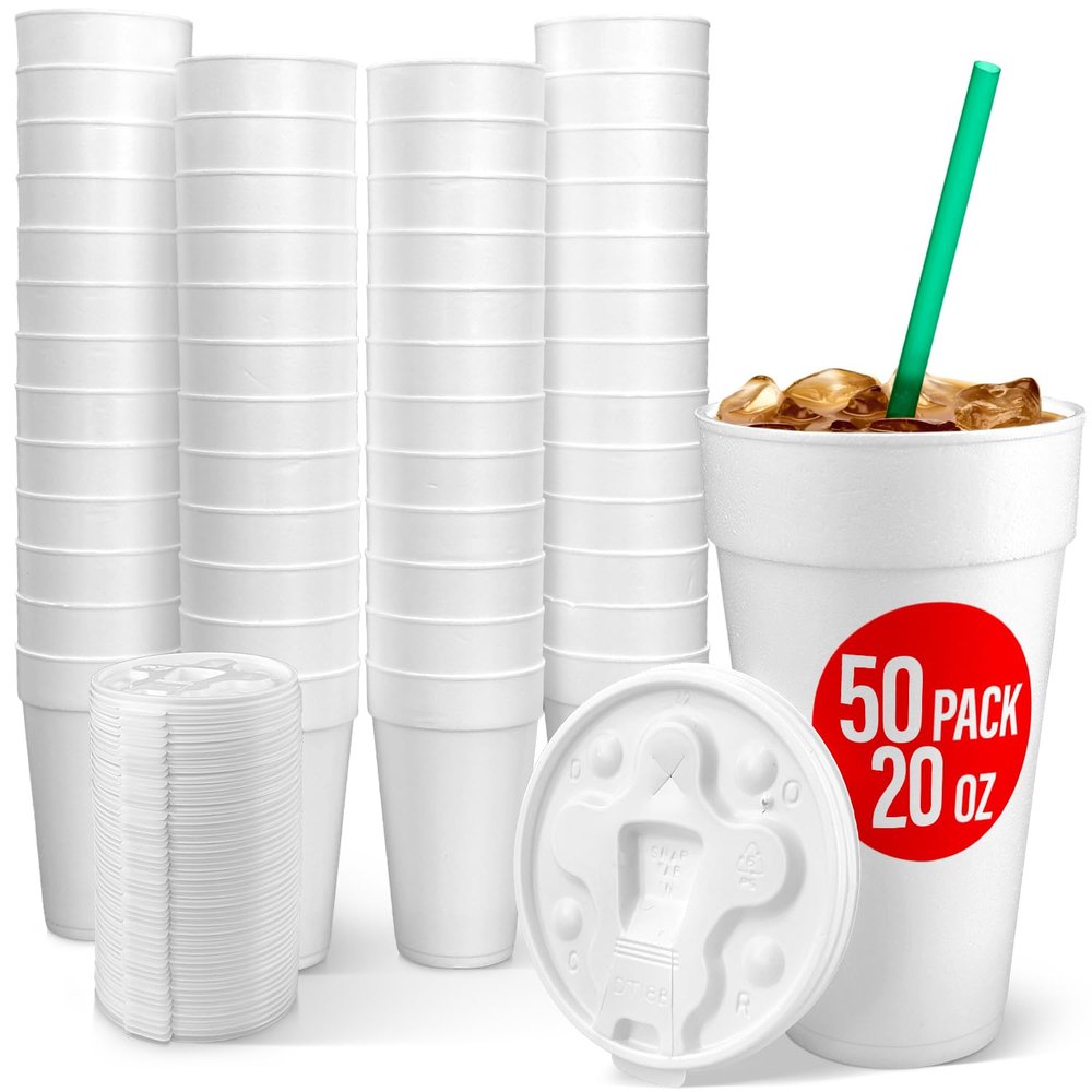 20 Oz Styrofoam Cups with Lids (50 Pack) Large Foam Cups for Hot and Cold Drinks, Insulated White Styrofoam Coffee Cups, Soda, Juice, Tea - Made in USA