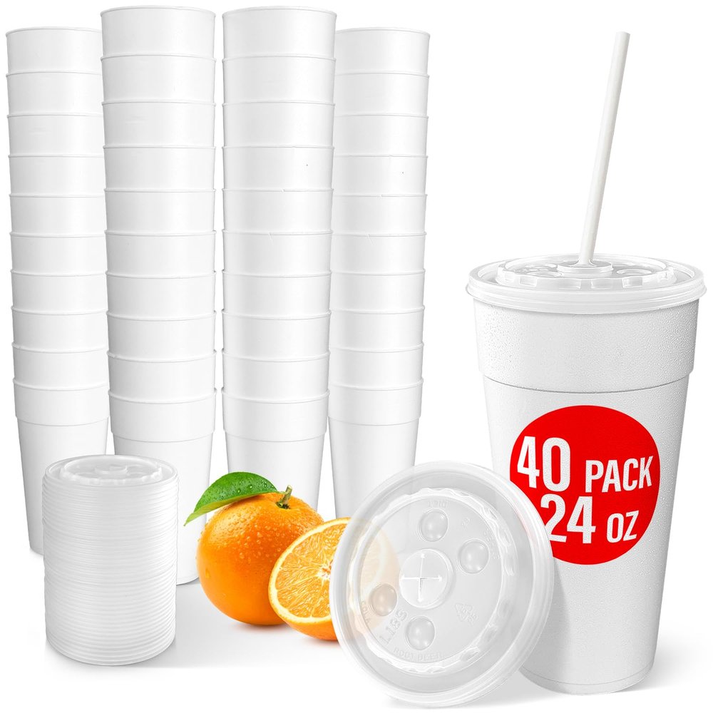 24 Oz Styrofoam Cups with Lids (40 Pack) Large Foam Cups for Hot and Cold Drinks, Insulated White Styrofoam Coffee Cups, Soda, Juice, Tea - Made in USA