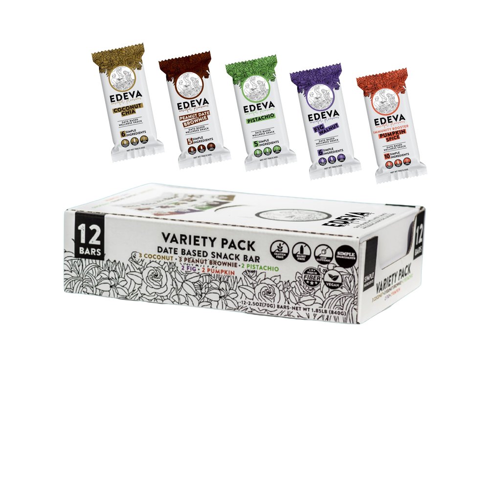 EDEVA Unsinful Pleasures Date Based Wellness Snack Barts, 2.5oz bar - 12 Count (Variety Pack - 5 Flavors)