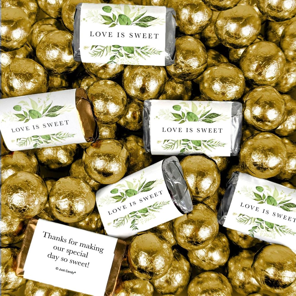 140 pcs Wedding Love is Sweet Botanical Wrapped Assorted Chocolate Miniatures and Milk Chocolate Gold Foil Ball Mix (3.24lb)