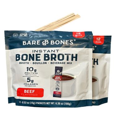 Beef Bone Broth Instant Powdered Mix | Rich Savory Packet. No Artificial Flavors | Keto & Paleo Friendly | 10g Protein | 24 packs. Plus 5 Wooden Stirring Sticks for Easy Mixing.