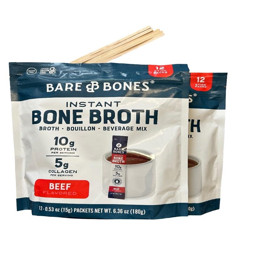 Beef Bone Broth Instant Powdered Mix | Rich Savory Packet. No Artificial Flavors | Keto & Paleo Friendly | 10g Protein | 24 packs. Plus 5 Wooden Stirring Sticks for Easy Mixing.