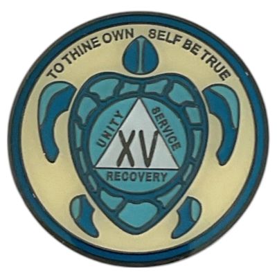 15 Year AA, Recovery Sea Turtle Medallion, Sobriety Token, Blue and Gold