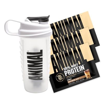Animal 100% Whey Protein Powder Samples & 25oz BPA Free Shaker Bottle Real Instant Iced Coffee Whey + 20g of Protein, 120mg of Caffeine Meal Replacement with BCAA Cold Brew Latte, 3 Single Packets
