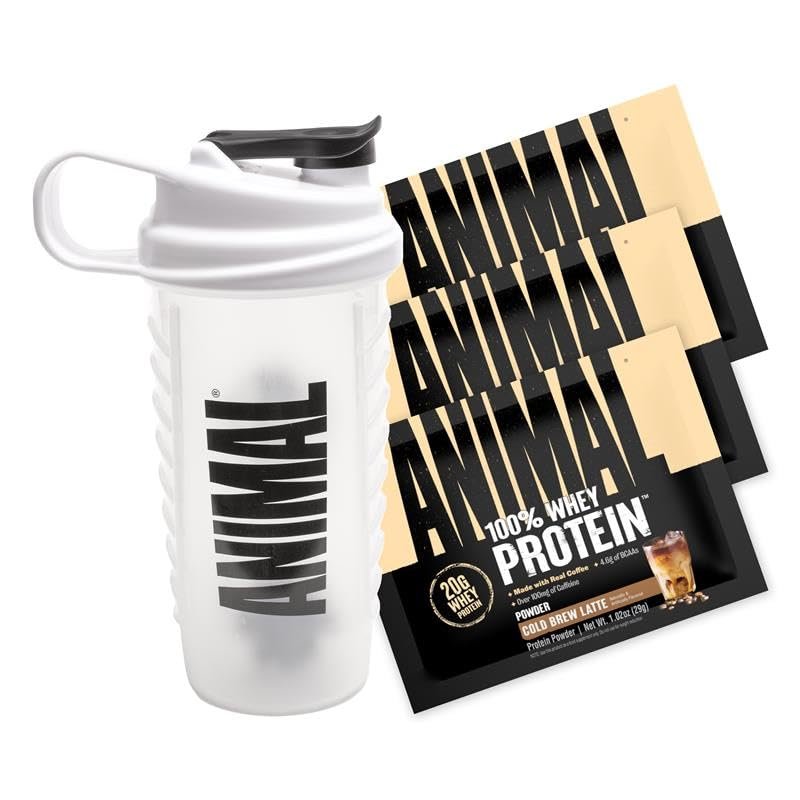 Animal 100% Whey Protein Powder Samples & 25oz BPA Free Shaker Bottle Real Instant Iced Coffee Whey + 20g of Protein, 120mg of Caffeine Meal Replacement with BCAA Cold Brew Latte, 3 Single Packets