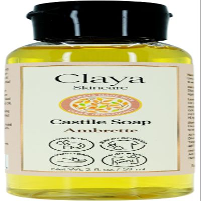 Claya Ambrette Liquid Castile Soap Organic Ingredients, Biodegradable, Gentle for Sensitive Skin and Versatile Use (Travel size 2 fl oz)