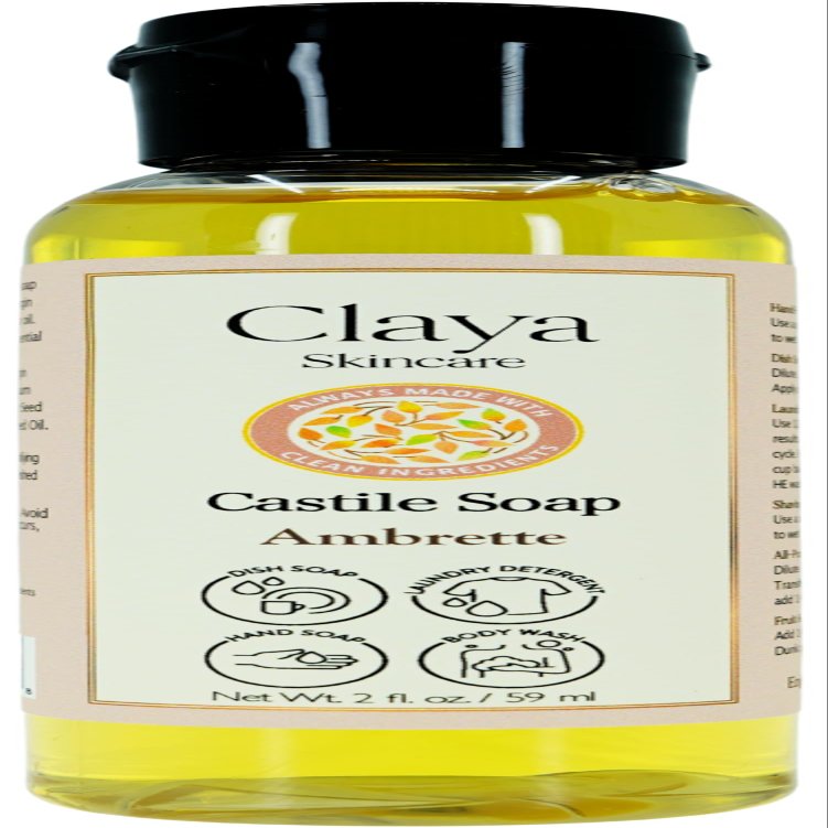 Claya Ambrette Liquid Castile Soap Organic Ingredients, Biodegradable, Gentle for Sensitive Skin and Versatile Use (Travel size 2 fl oz)