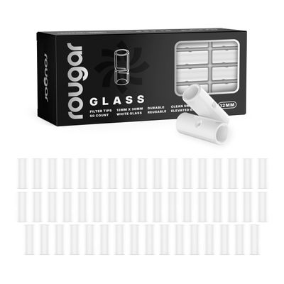 12mm Glass Tips 50 Pack Rougar White | Reusable Borosilicate Glass Filters | 2 Pokes | 12x30mm