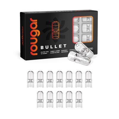 12mm Bullet Glass Tips 12 Pack Rougar Clear | Reusable Borosilicate Glass Filters | 12x30mm