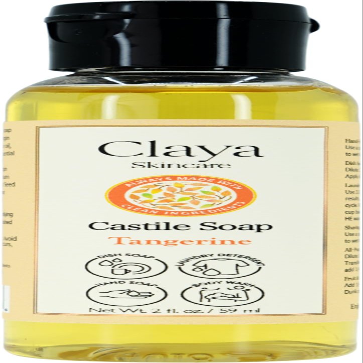 Claya Tangerine Liquid Castile Soap Organic Ingredients, Biodegradable, Gentle for Sensitive Skin and Versatile Use (Travel Size 2 fl oz)