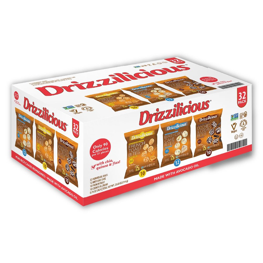 Drizzilicious Mini Rice Cakes Variety Pack - Rice Crisps, Healthy Snack for Adults and Kids, Flavored Rice Cakes, Vegan, Gluten Free, Allergen Free, Only 90 Calories Per Bag - .74 oz (Pack of 32)