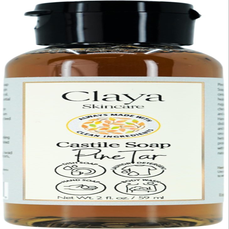 Claya Pine Tar Liquid Castile Soap Organic Ingredients, Biodegradable, Gentle for Sensitive Skin and Versatile Use (Travel Size 2 fl oz)