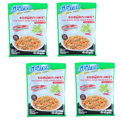 AquaNation Listing For Fa Thai Thai Basil Stir-Fry Sauce Pack of 4, 40g Each Authentic Pad Kra Pao Seasoning Mix with Garlic, Chili & Holy Basil Product of Thailand