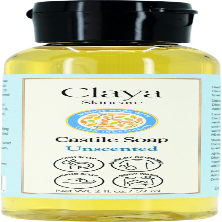 Claya Unscented Liquid Castile Soap Organic Ingredients, Biodegradable, Gentle for Sensitive Skin and Versatile Use (Travel Size 2 fl oz)