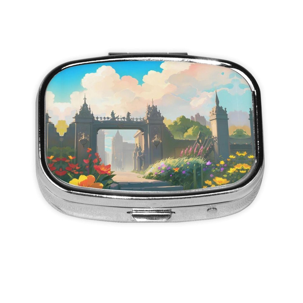 Outside The Castle Gate Patterned Square mini Pill Box, can be Put into Wallet or Pocket Travel Pill Box, Store Various Small Items