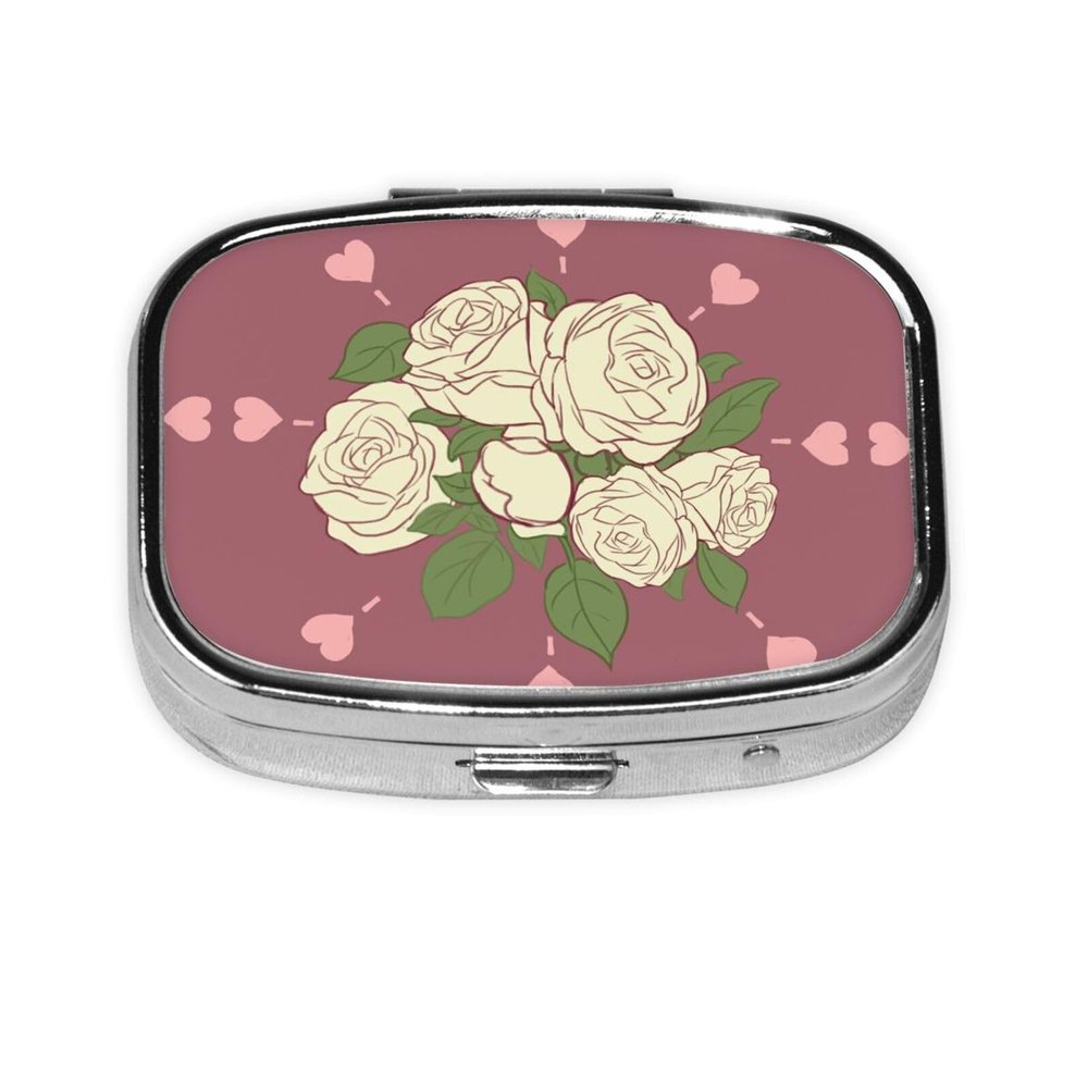 White Rose of Love Patterned Square mini Pill Box, can be Put into Wallet or Pocket Travel Pill Box, Store Various Small Items