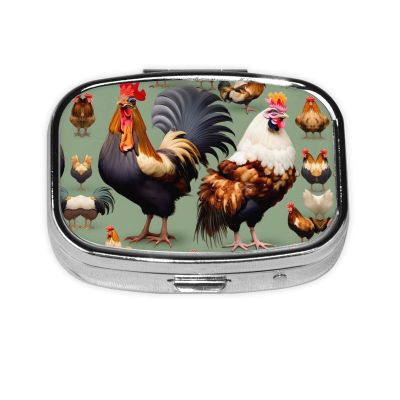 Rooster and Chicken Patterned Square mini Pill Box, can be Put into Wallet or Pocket Travel Pill Box, Store Various Small Items