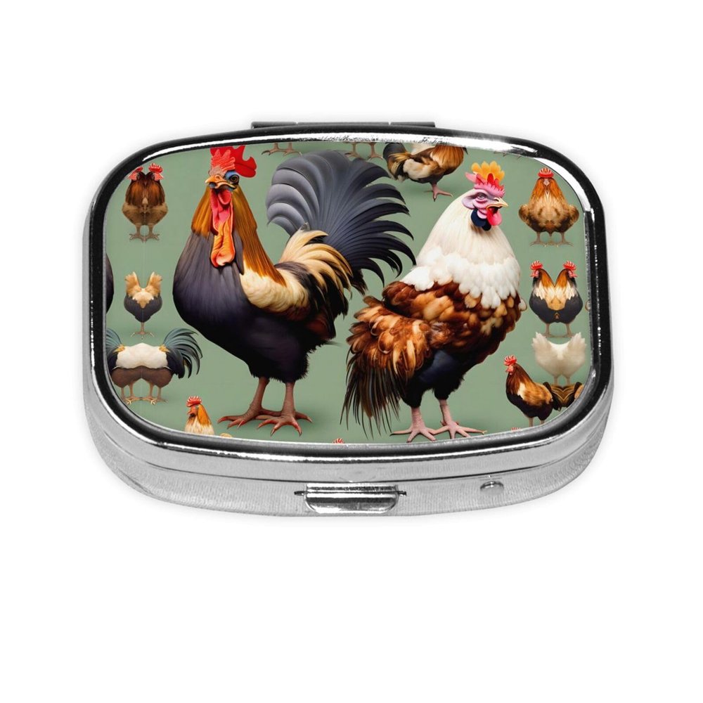 Rooster and Chicken Patterned Square mini Pill Box, can be Put into Wallet or Pocket Travel Pill Box, Store Various Small Items