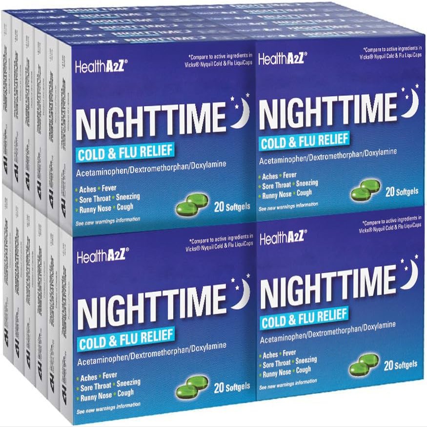 HealthA2Z Nighttime | Cold & Flu Medicine | Powerful Multi-Symptom Nighttime Relief | 20 Softgel (Pack of 24) | Value Pack