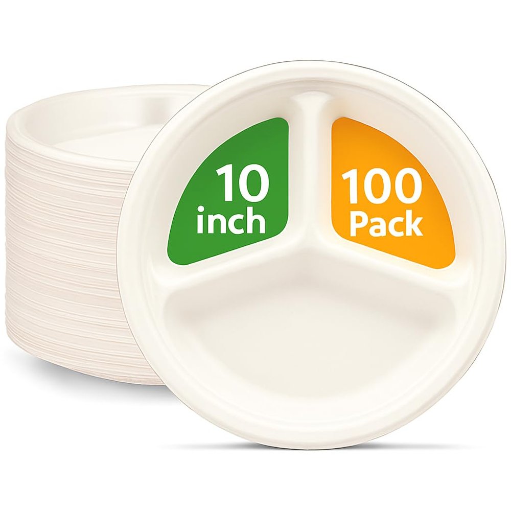 100% Compostable, 3 Compartment, Disposable Paper Plates [100-Pack] [10 Inch] Heavy Duty Biodegradable White Sectional Lunch Trays + Dividers - Divided Platte Tray