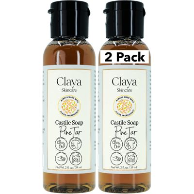 Claya Pine Tar Liquid Castile Soap Organic Ingredients, Biodegradable, Gentle for Sensitive Skin, Versatile Use and Travel Size (2 Pack of 2 fl oz)