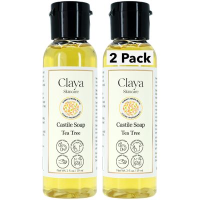 Claya Tea Tree Liquid Castile Soap Organic Ingredients, Biodegradable, Gentle for Sensitive Skin, Versatile Uss and Travel Size (2 pack of 2 fl oz)