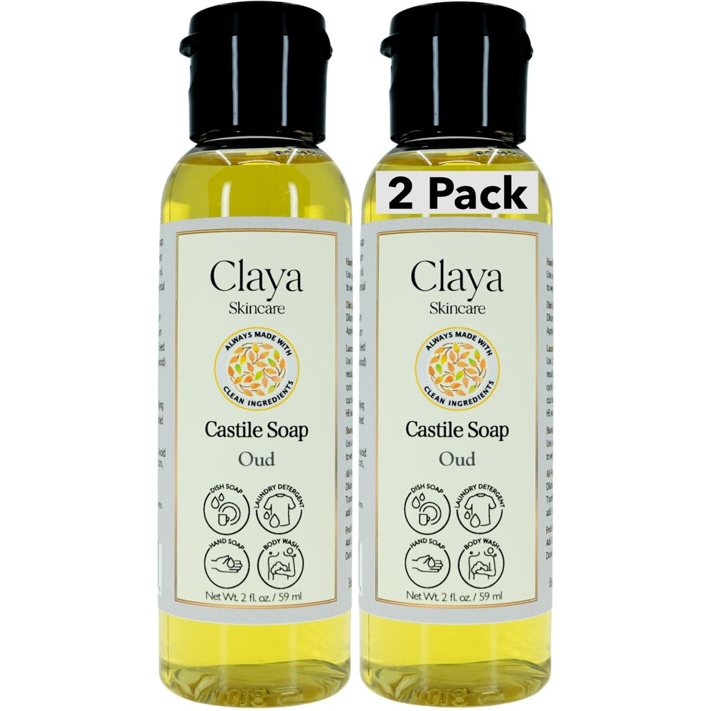 Claya Oud Liquid Castile Soap Organic Ingredients, Biodegradable, Gentle for Sensitive Skin, Versatile Use and Travel Size (2 Pack of 2 fl oz)