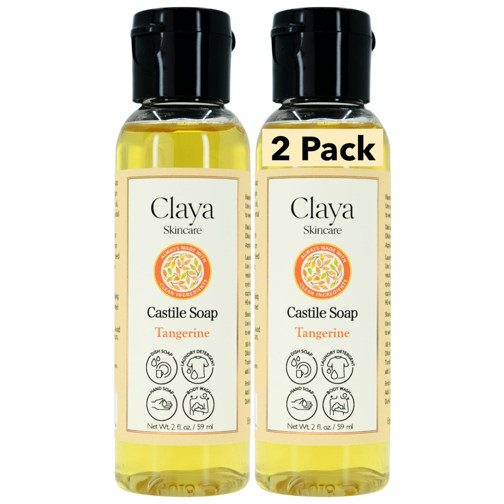 Claya Tangerine Liquid Castile Soap Organic Ingredients, Biodegradable, Gentle for Sensitive Skin, Versatile Use and Travel Size (2 Pack of 2 fl oz)