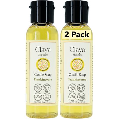 Claya Frankincense Liquid Castile Soap Organic Ingredients, Biodegradable, Gentle for Sensitive Skin, Versatile Use and Travel Size (2 Pack of 2 fl oz)