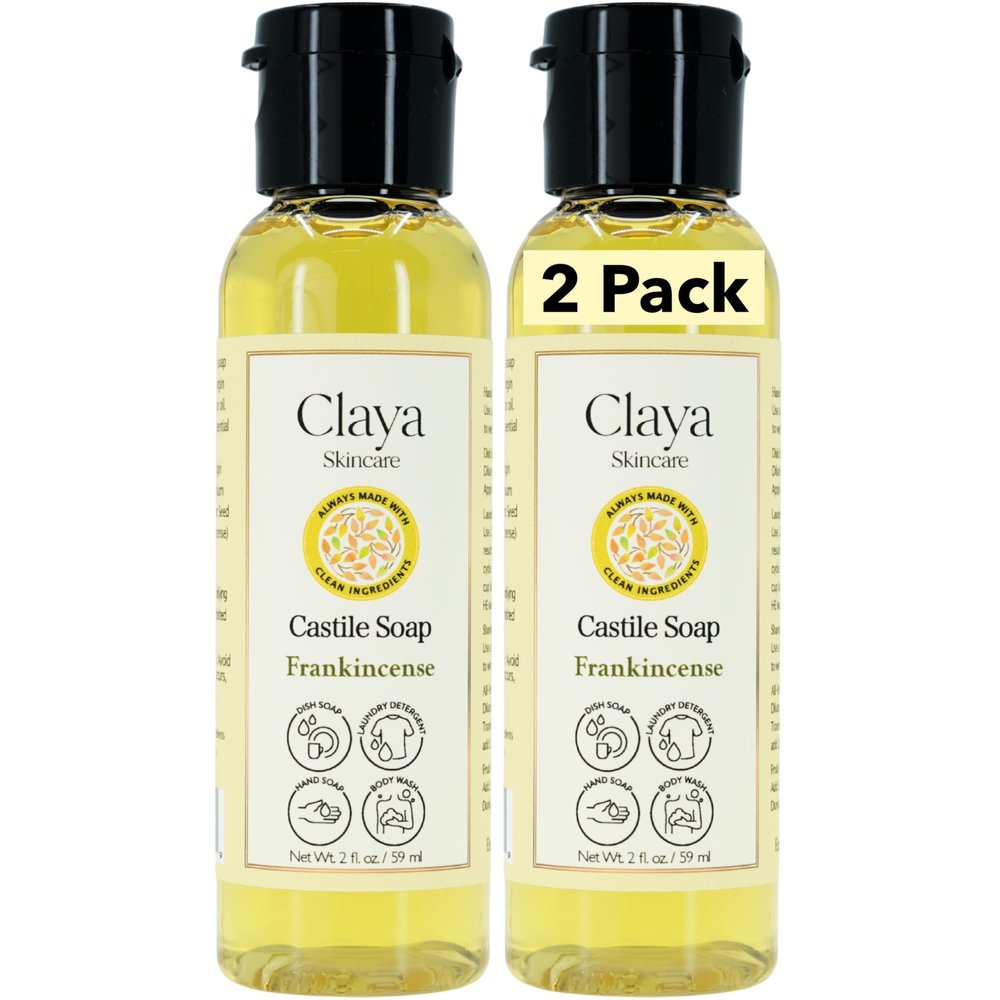 Claya Frankincense Liquid Castile Soap Organic Ingredients, Biodegradable, Gentle for Sensitive Skin, Versatile Use and Travel Size (2 Pack of 2 fl oz)