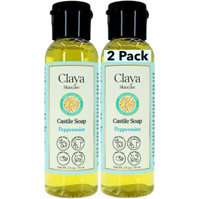 Claya Peppermint Liquid Castile Soap Organic Ingredients, Biodegradable, Gentle for Sensitive Skin, Versatile Use and Travel Size (2 Pack of 2 fl oz)