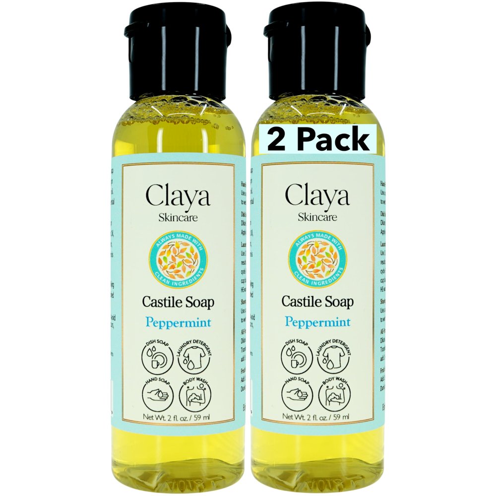 Claya Peppermint Liquid Castile Soap Organic Ingredients, Biodegradable, Gentle for Sensitive Skin, Versatile Use and Travel Size (2 Pack of 2 fl oz)