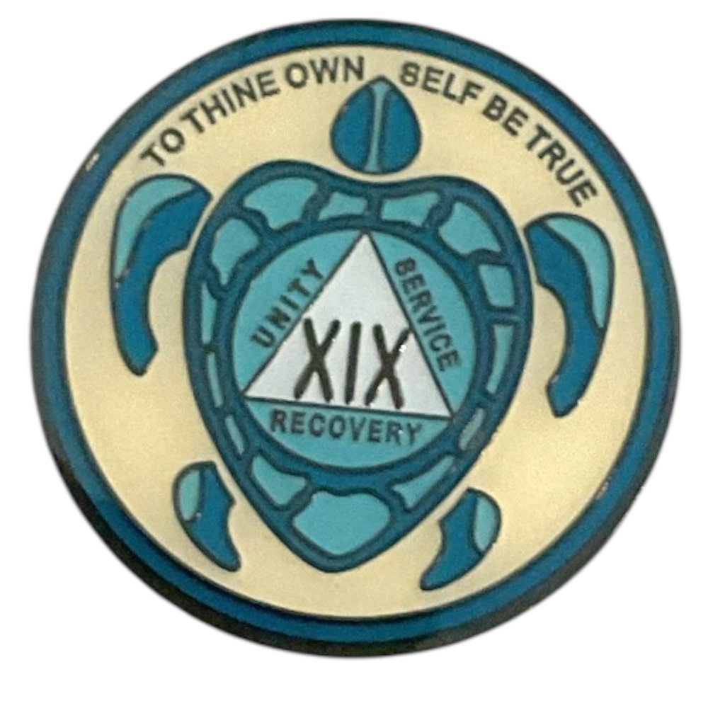 19 Year AA, Recovery Sea Turtle Medallion, Sobriety Token, Blue and Gold