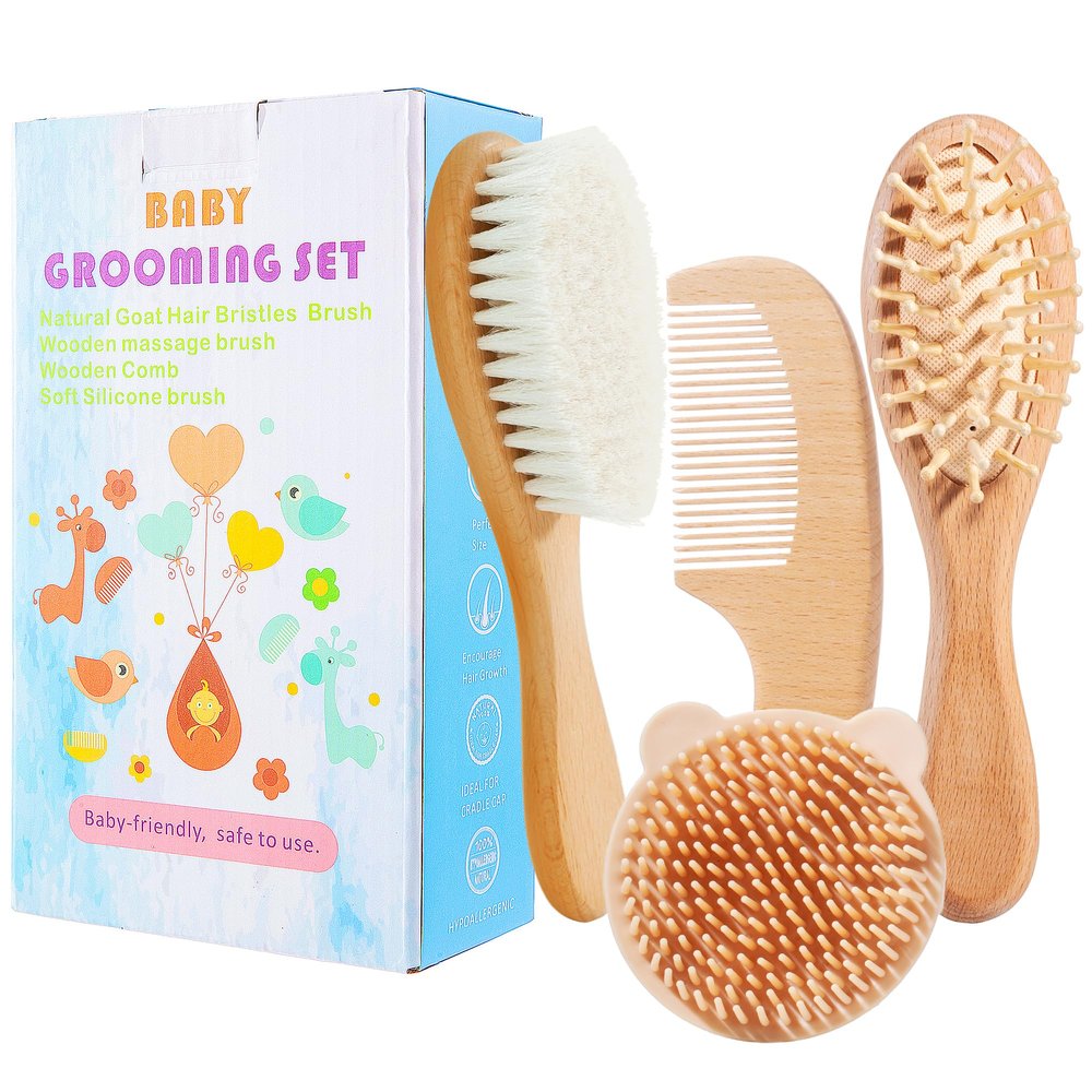 BlueForest Era Baby Hair Brush Set for Newborns, Wooden Baby Brush & Comb - Toddler Cradle Cap Brush, Ultra Soft Goat Hair Bristles, Baby Grooming Kit for Baby Showers & Registries Gift Set