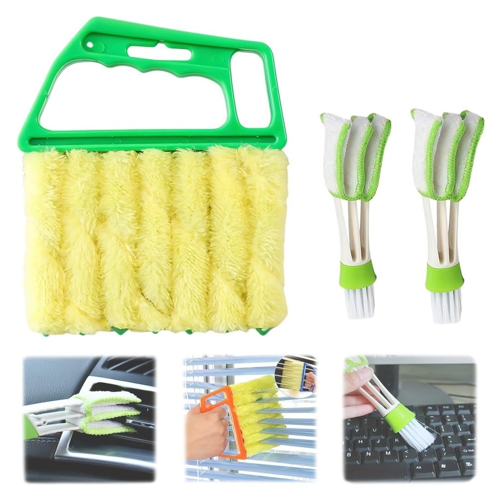 3-Piece Blind Cleaning Kit with 7-Finger & 3-Finger Brushes - Multi-Surface Duster for Blinds, Vents, Shutters and Fans (Yellow)(Green+2small)