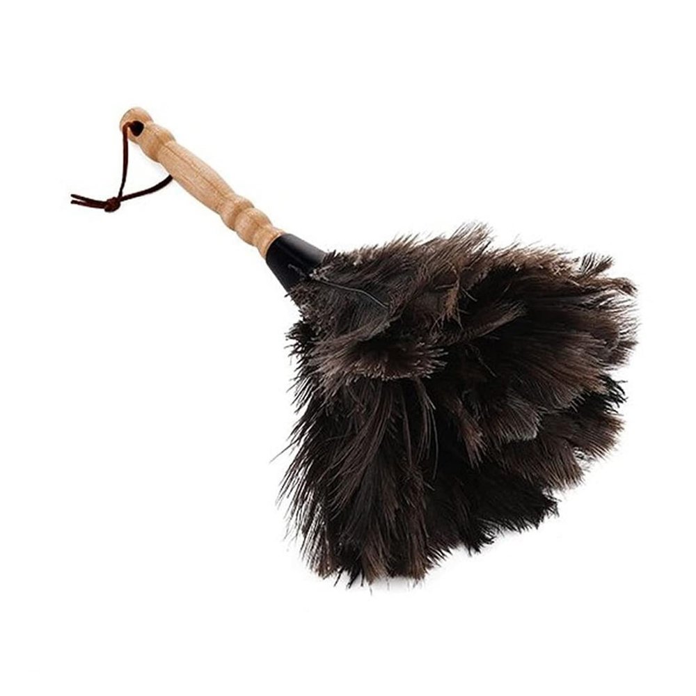 Natural Ostrich Feather Duster with Wooden Handle - 32cm Handheld Dust Brush for Furniture & Delicate Surfaces